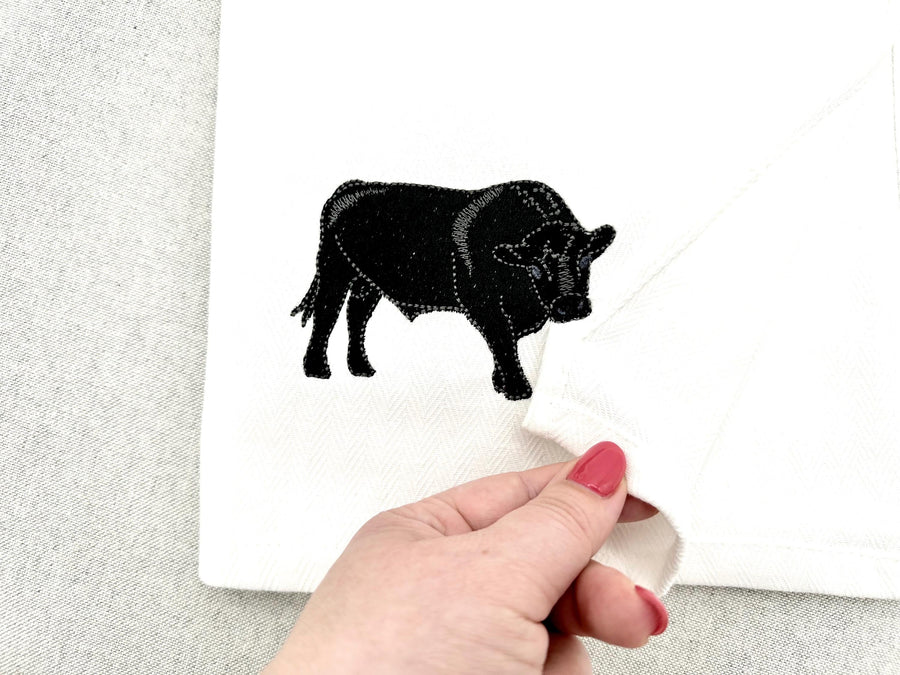 Naughty Playing Black Angus Bull kitchen dish towel Farm animal Thief machine embroidery designs ITH