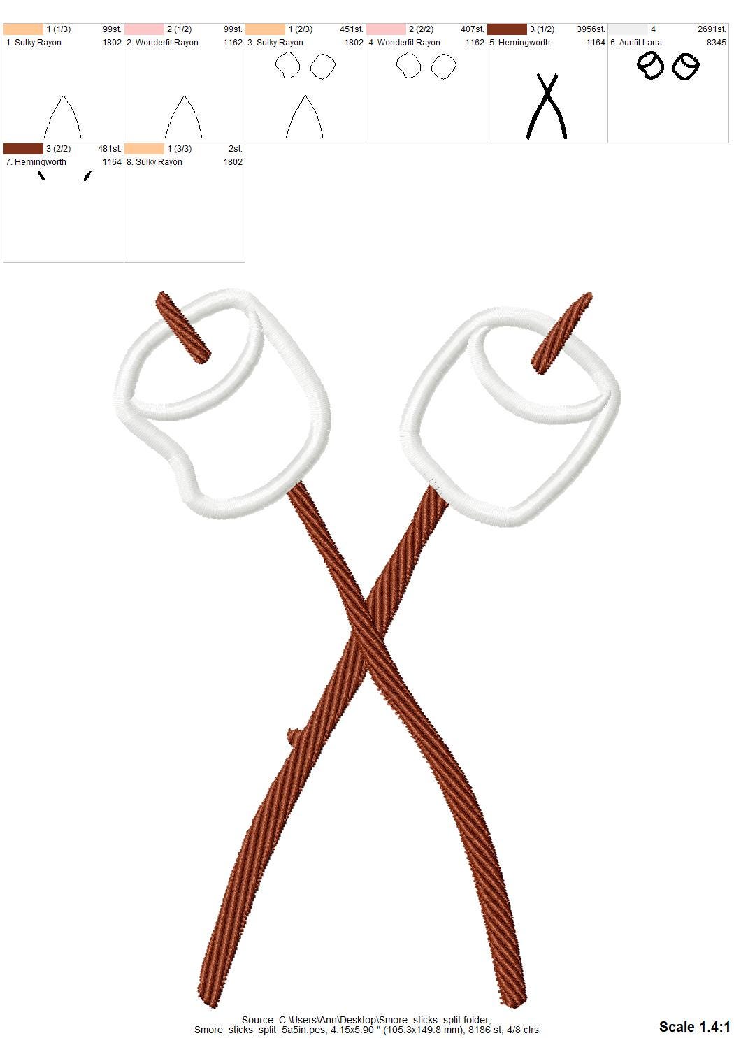 Smores Sticks crossing Marshmallow split side seam machine embroidery designs camping kids