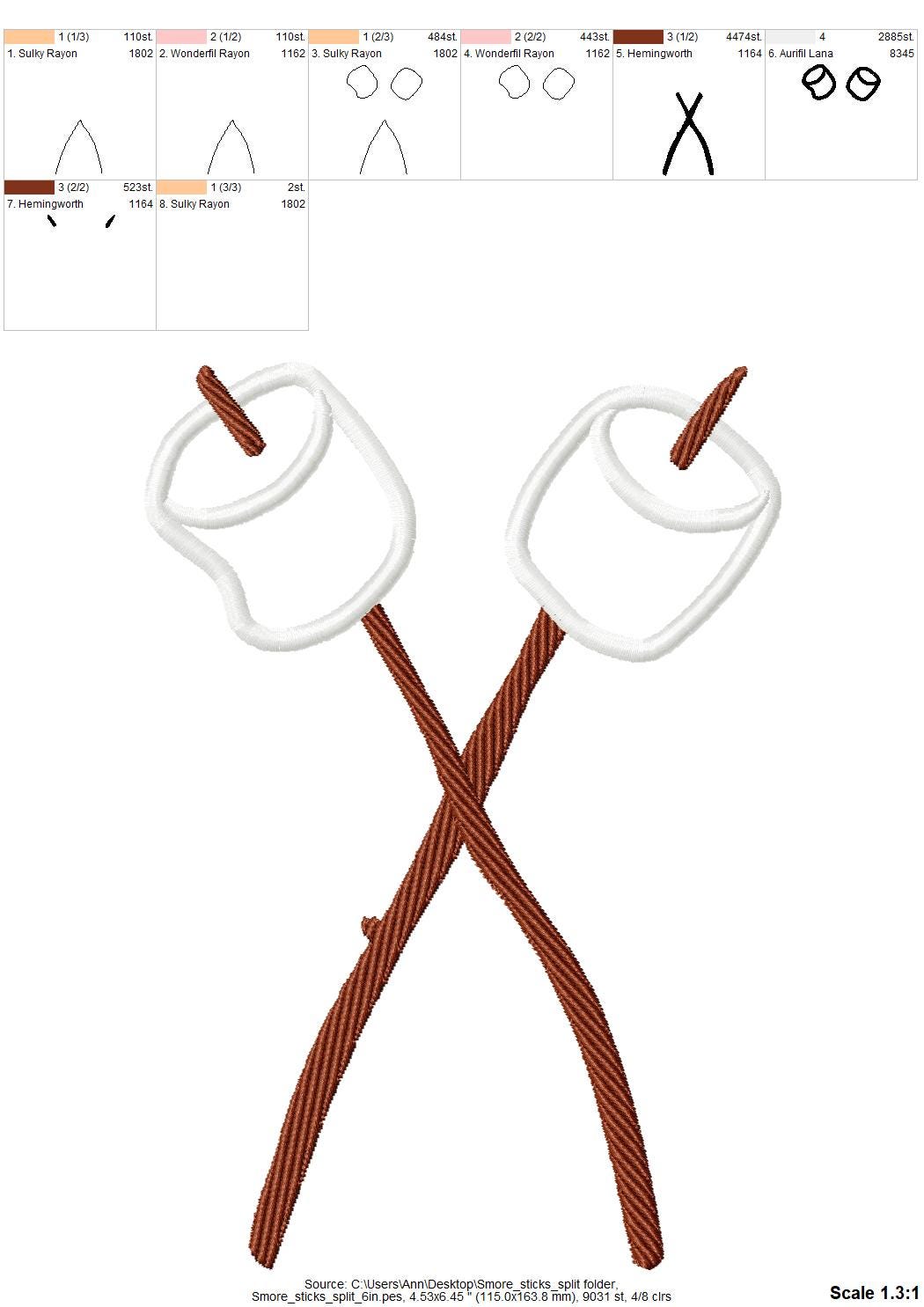 Smores Sticks crossing Marshmallow split side seam machine embroidery designs camping kids