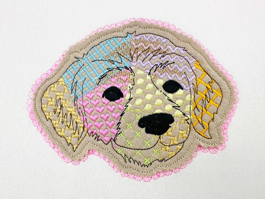 Labrador Golden Retriever Applique Patchwork and Lace Edge patterned Puppy dog machine embroidery designs