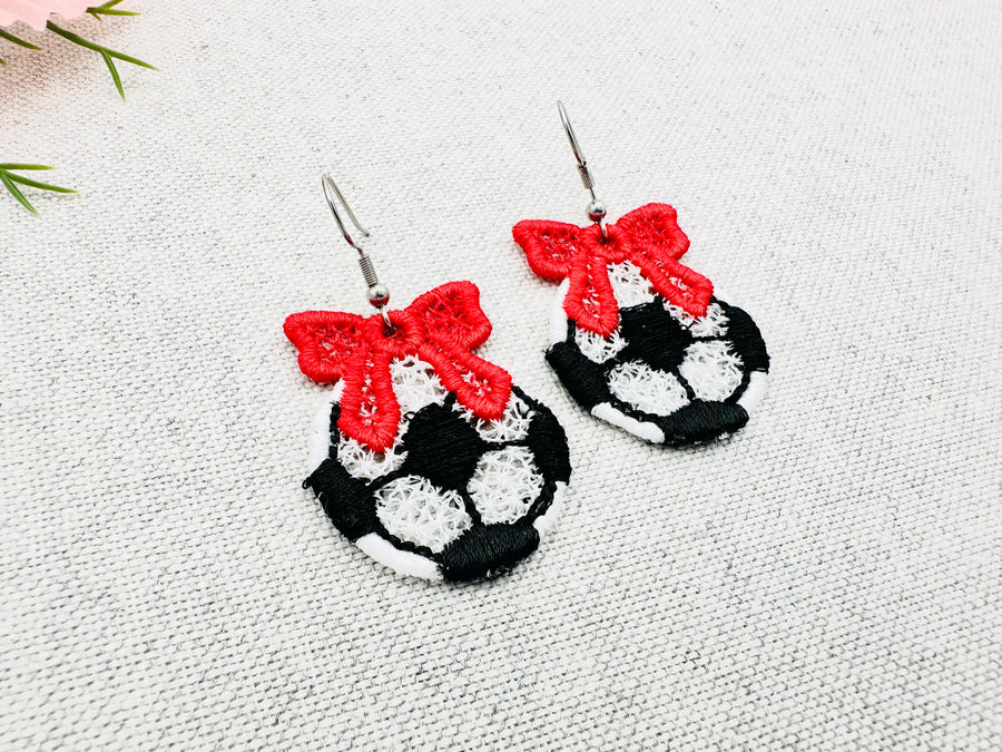 Soccer and Bow earrings ITH in the hoop FSL freestanding lace machine embroidery designs Football Sports Fan