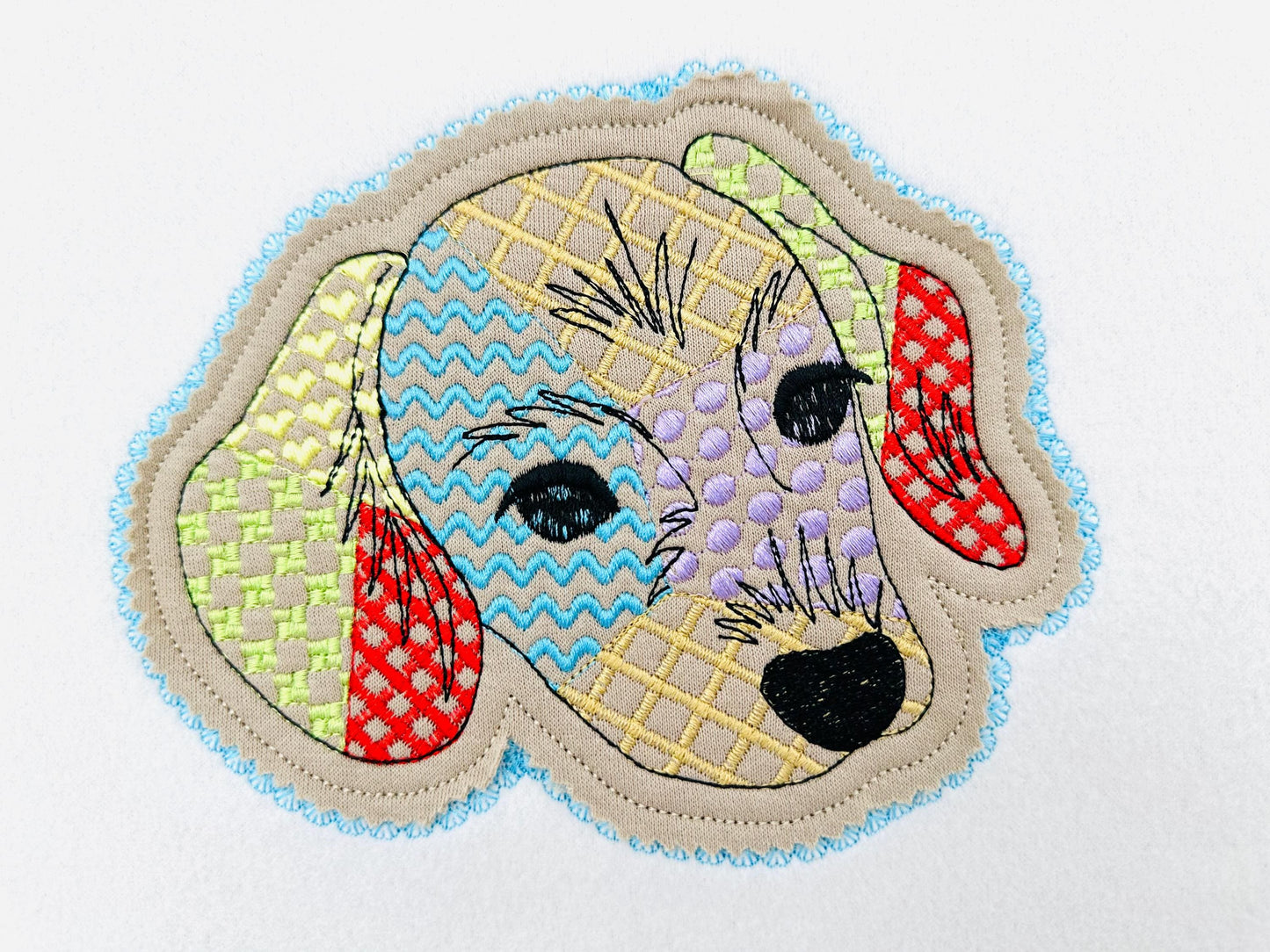 Dachshund Applique Patchwork and Lace Edge patterned Puppy machine embroidery designs