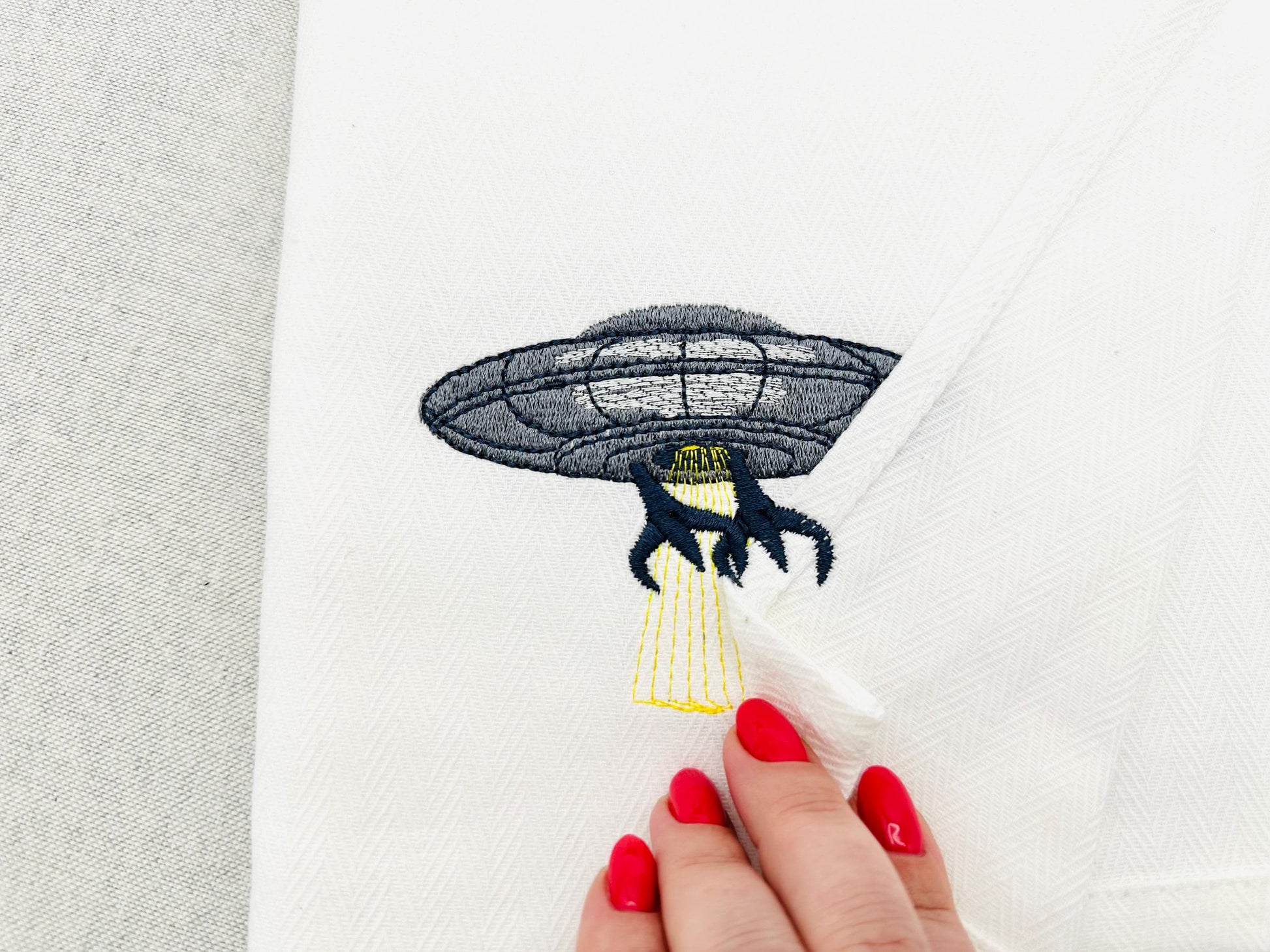 Mischievous Alien UFO kitchen dish towel animal Thief machine embroidery designs ITH