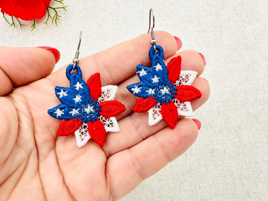 Patriotic Floral Earrings ITH in the hoop FSL freestanding lace machine embroidery charm 4th of July Independence Day