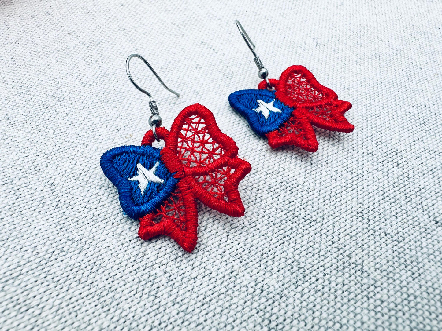 Patriotic Bow earrings ITH in the hoop FSL freestanding lace machine embroidery designs charm 4th of July Independence Day