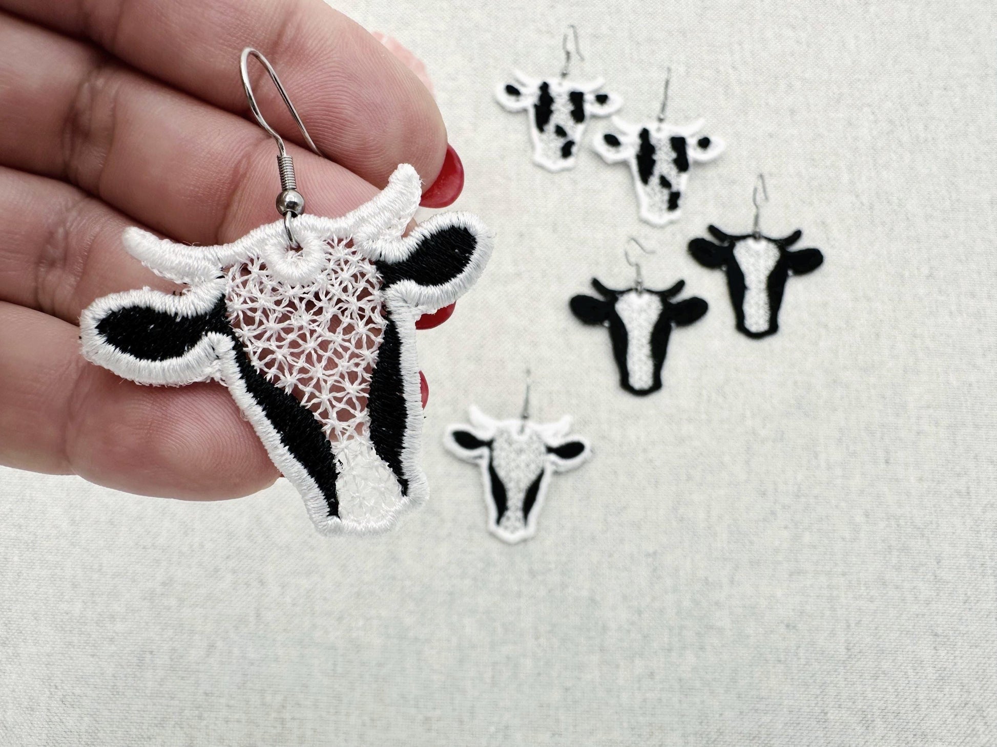 Cowgirl Cow Earrings SET of 3 types charm pendant FSL freestanding lace machine embroidery designs