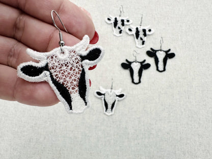 Cowgirl Cow Earrings SET of 3 types charm pendant FSL freestanding lace machine embroidery designs