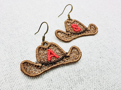 Cowboy Hat with Monogram FSL freestanding lace Earrings Charm Alphabet Font hanging initial letters numbers machine embroidery designs
