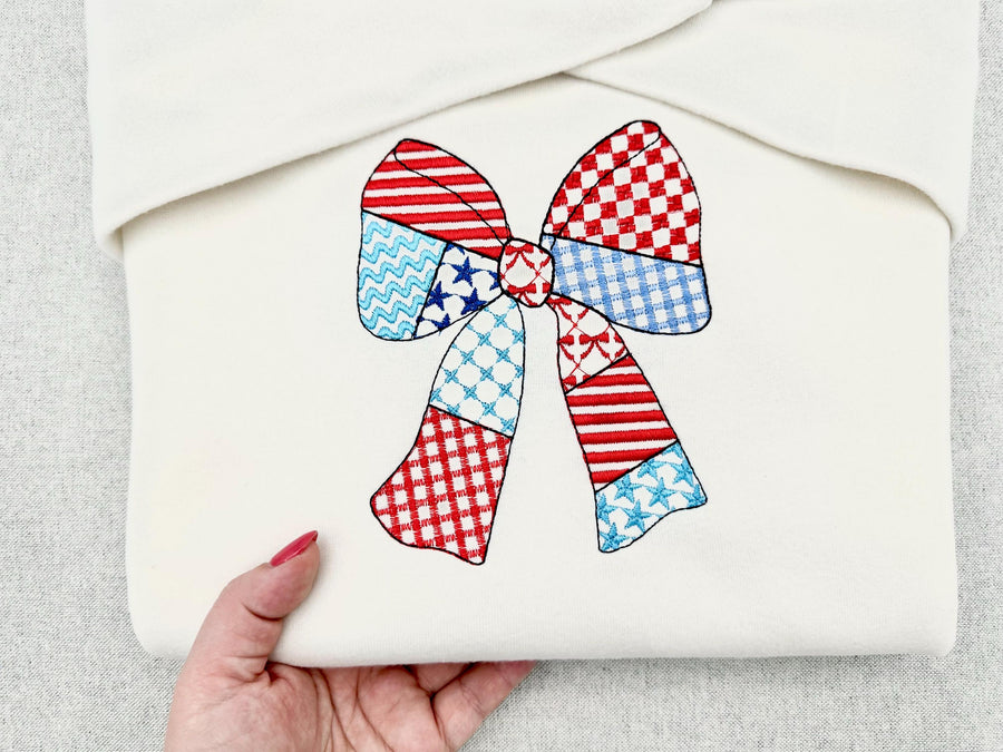 Patriotic Patchwork Bow patterned Bow outline 4th of July Independence Day girls machine embroidery designs