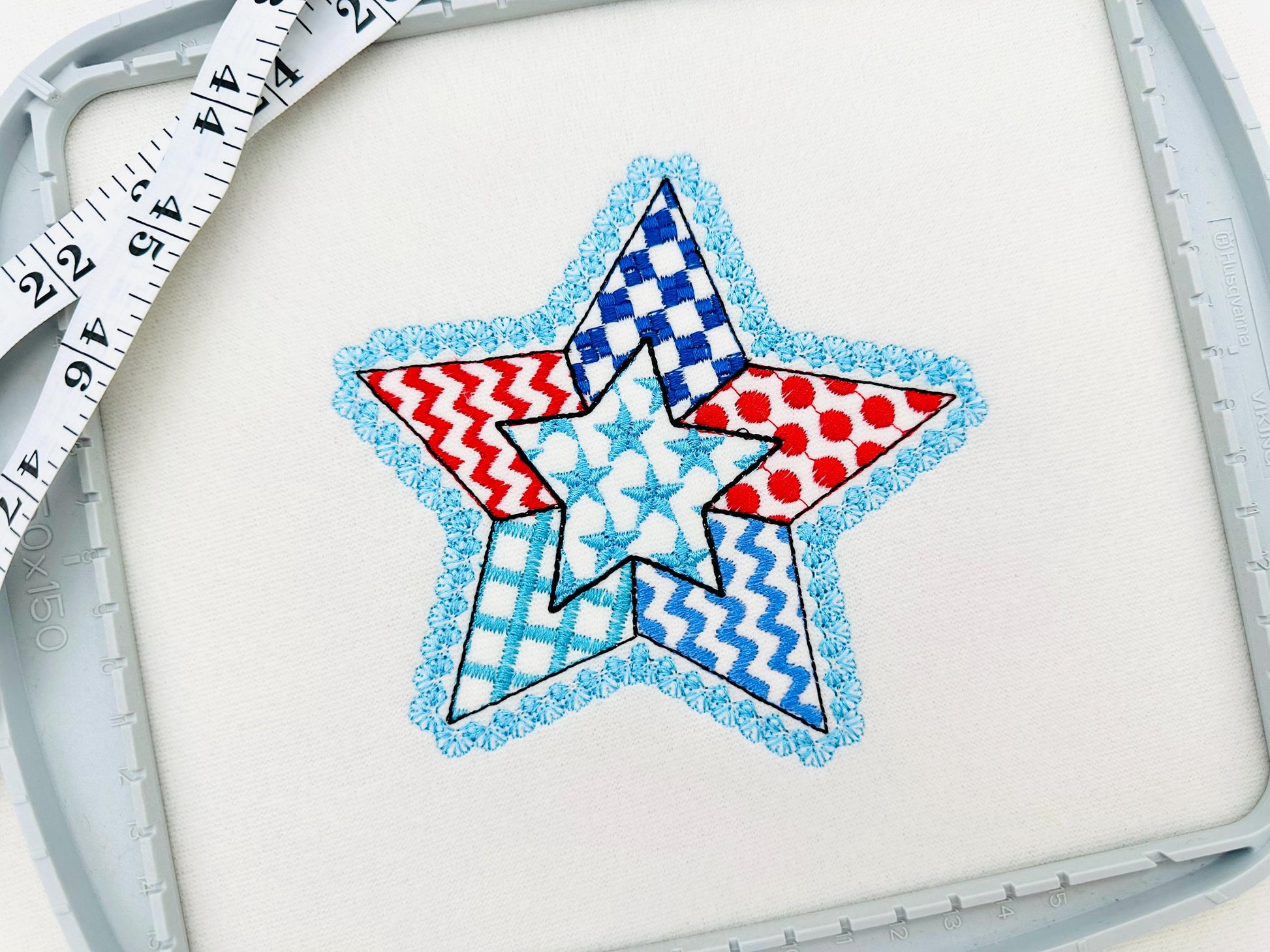 Patriotic Patchwork Star Applique with Delicate Lace Edge patterned Star outline 4th of July machine embroidery designs