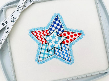 Patriotic Patchwork Star Applique with Delicate Lace Edge patterned Star outline 4th of July machine embroidery designs