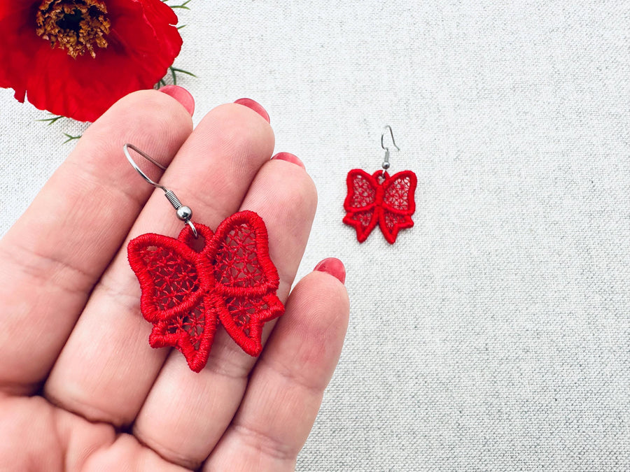Bow earrings ITH in the hoop FSL freestanding lace machine embroidery designs charm gift tag embellishment accent