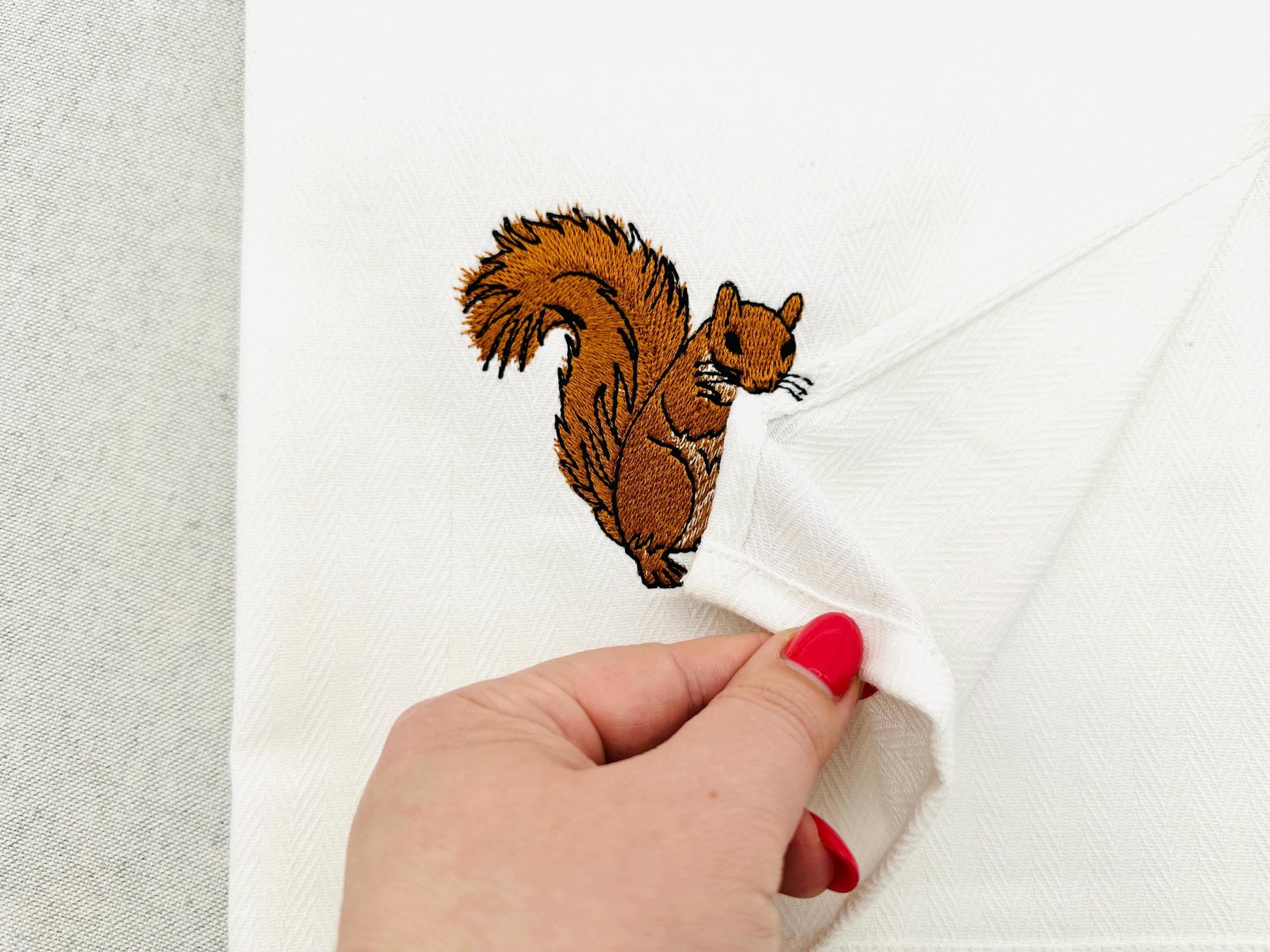 Lovely playing Squirrel stealing kitchen dish towel animal thief kids machine embroidery designs ITH project simply in the hoop
