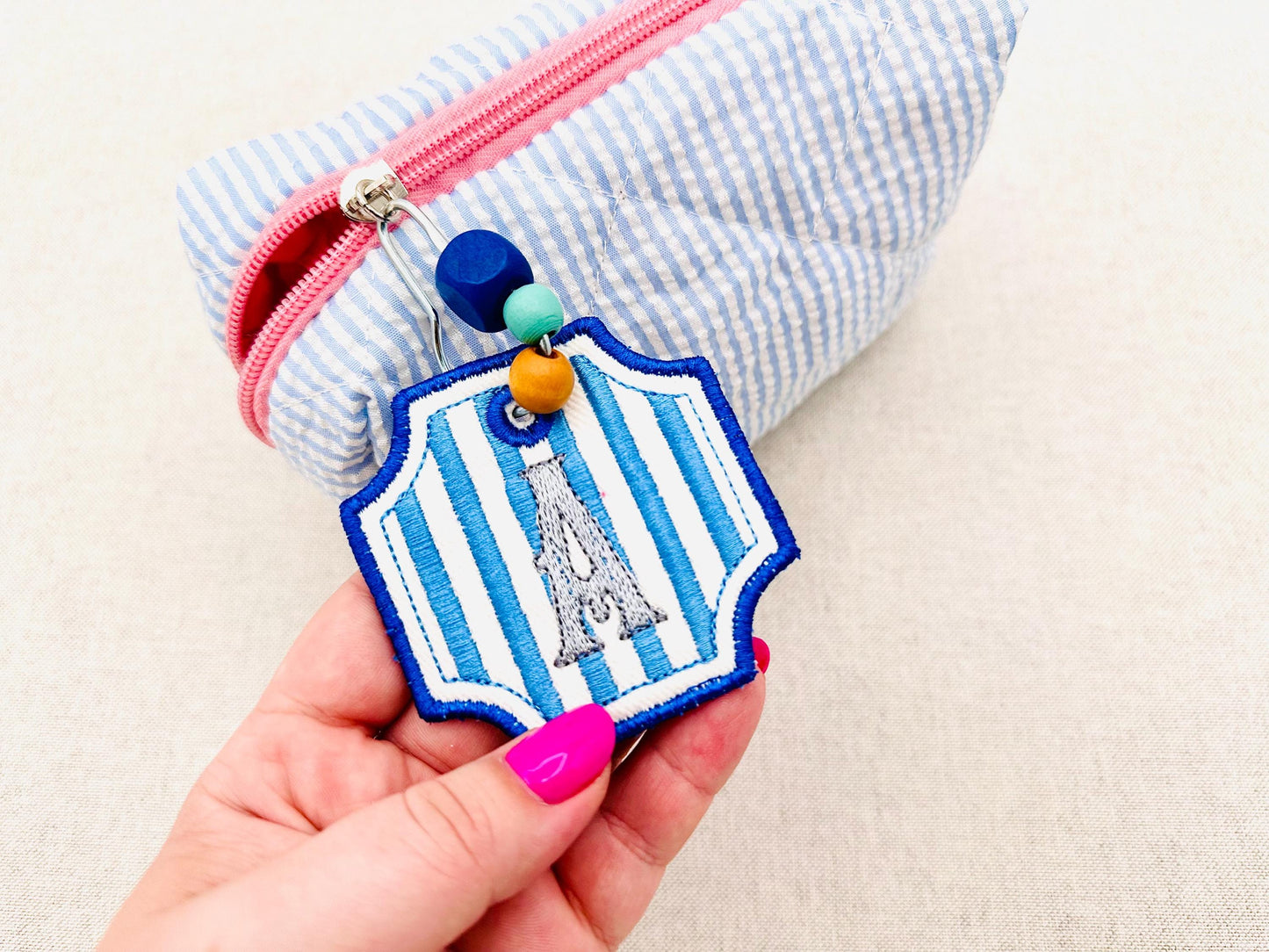 Striped old-fashioned Bag Tag Charm Monogram and Blank keychain in the hoop machine embroidery designs ITH
