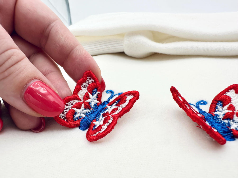 Patriotic Butterfly 3D dimensional FSL Freestanding lace machine embroidery designs 4th of July girls embellishment ITH