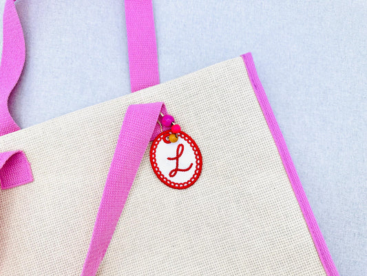 Scalloped Bag Tag Charm SET with Monogram Font and Blank keychain eyelet simply in the hoop machine embroidery designs ITH