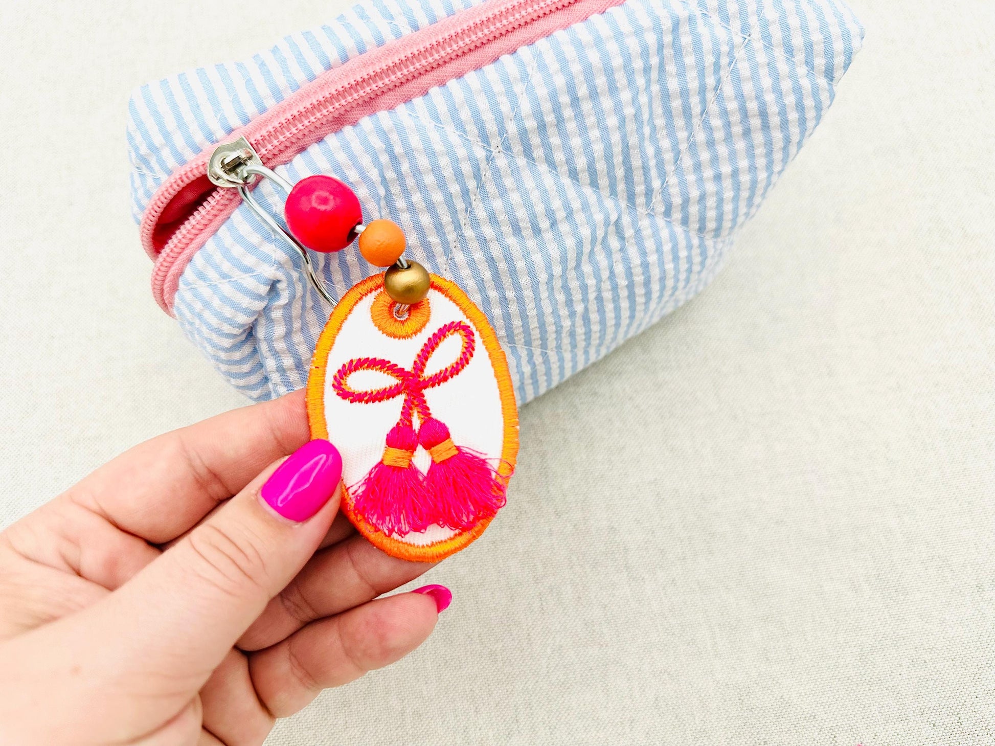 Fringed Tassel Bow Bag Tag Charm keychain simply in the hoop gift idea machine embroidery designs ITH