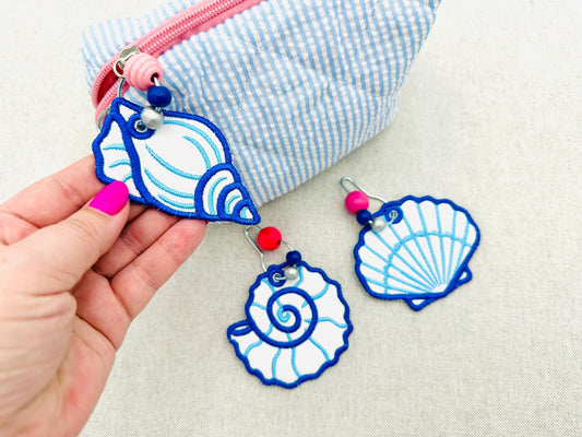 Summer Beach Seashell SET of 3 Bag Tag Charm keychain eyelet simply in the hoop machine embroidery designs ITH