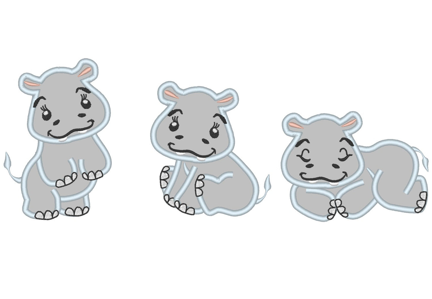 Hippos Set of 3 Applique Embroidery 3" 4" 5" 6" 7" | PES DST JEF | Artapli