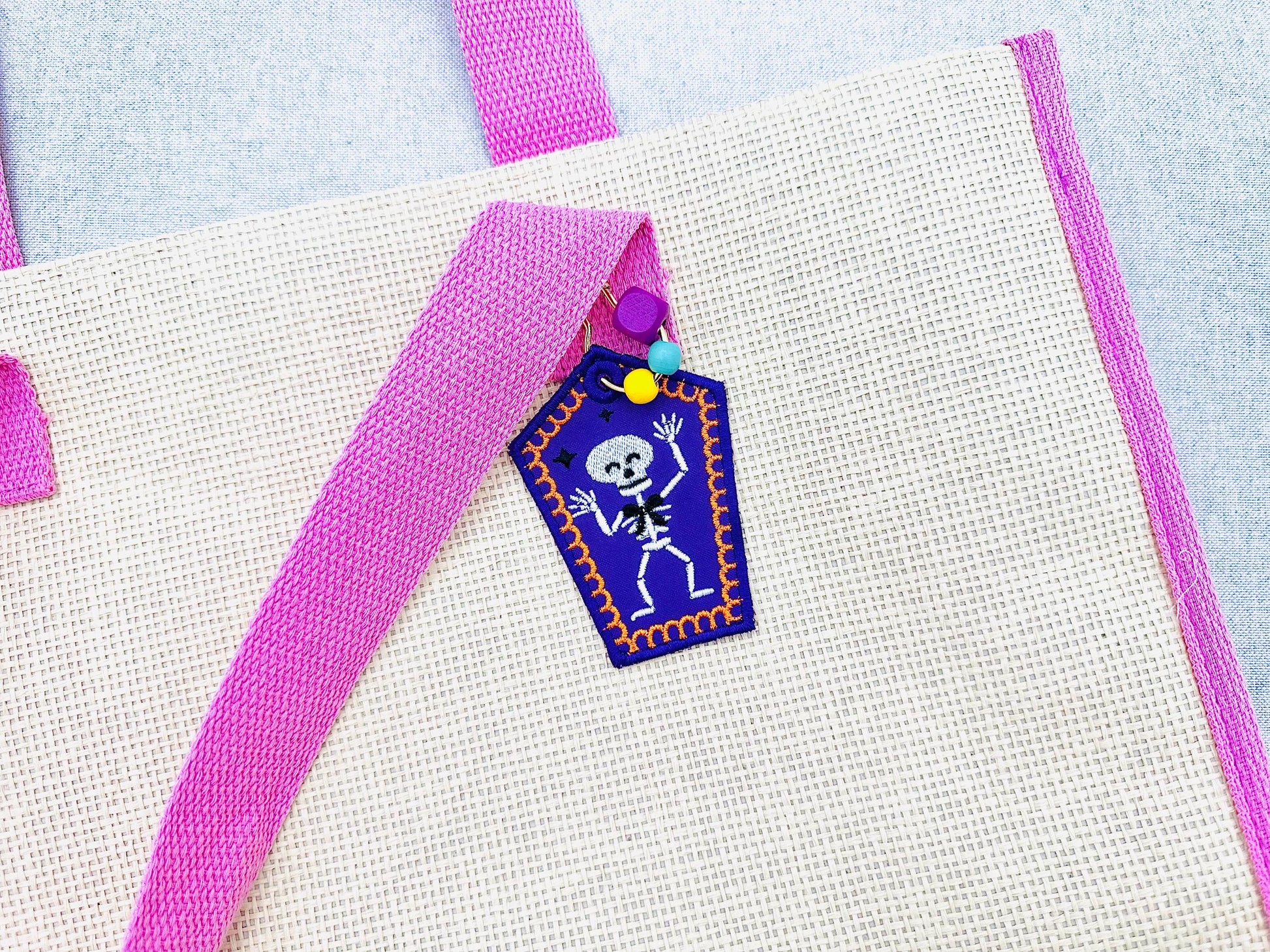 Dancing Skeleton Bag Tag Charm Halloween keychain eyelet in the hoop kids gift idea machine embroidery designs ITH