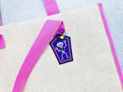 Dancing Skeleton Bag Tag Charm Halloween keychain eyelet in the hoop kids gift idea machine embroidery designs ITH