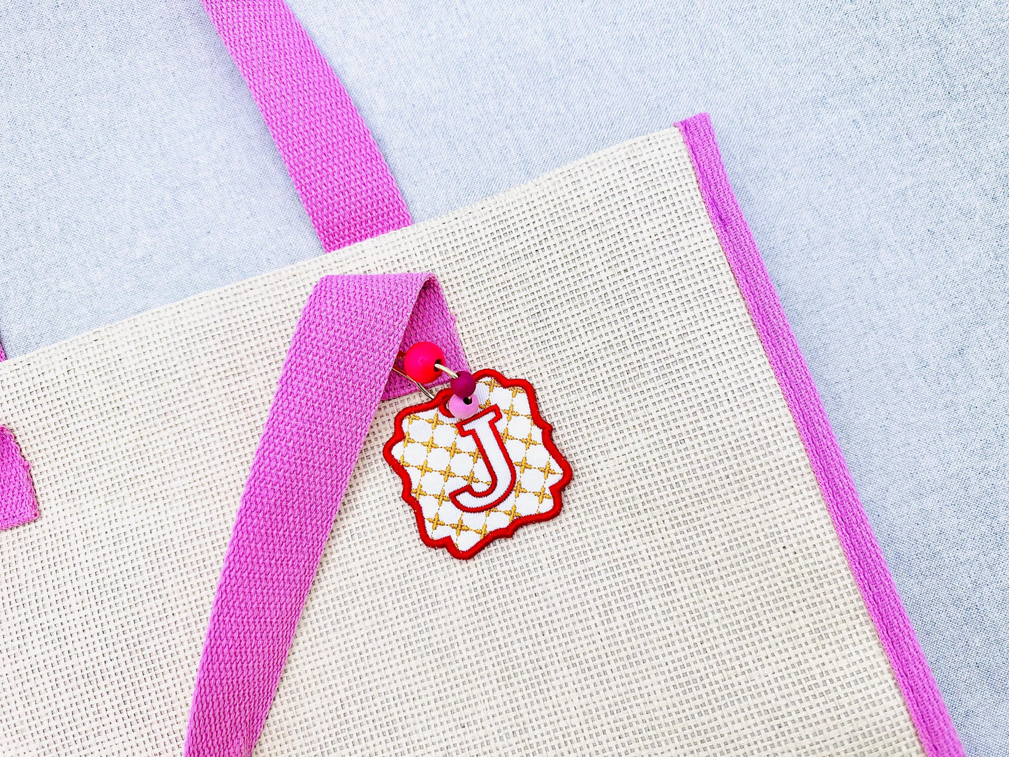 Chic patterned Lux fashion Bag Tag Charm with Monogram Font in the hoop machine embroidery designs ITH