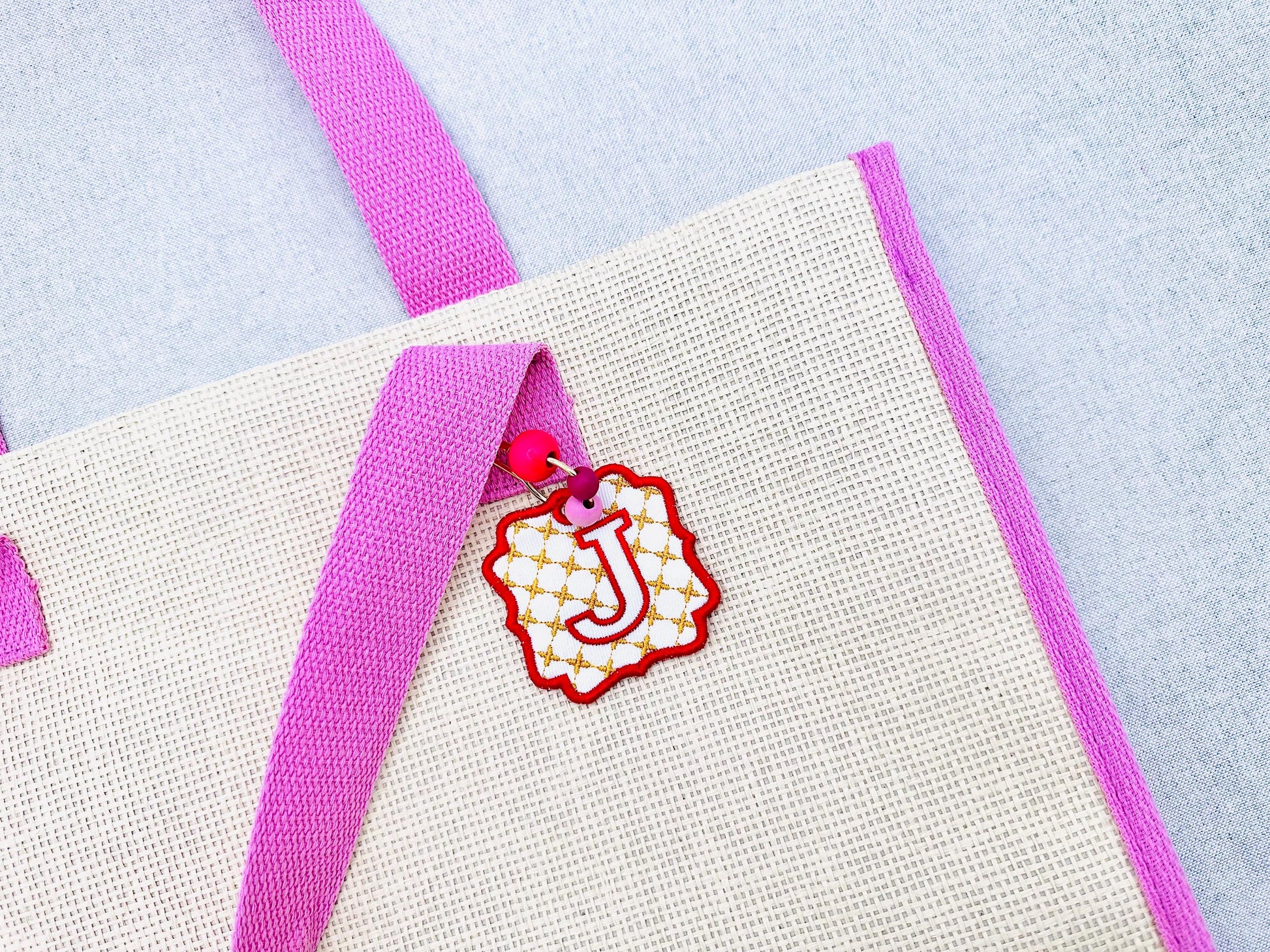 Chic patterned Lux fashion Bag Tag Charm with Monogram Font in the hoop machine embroidery designs ITH