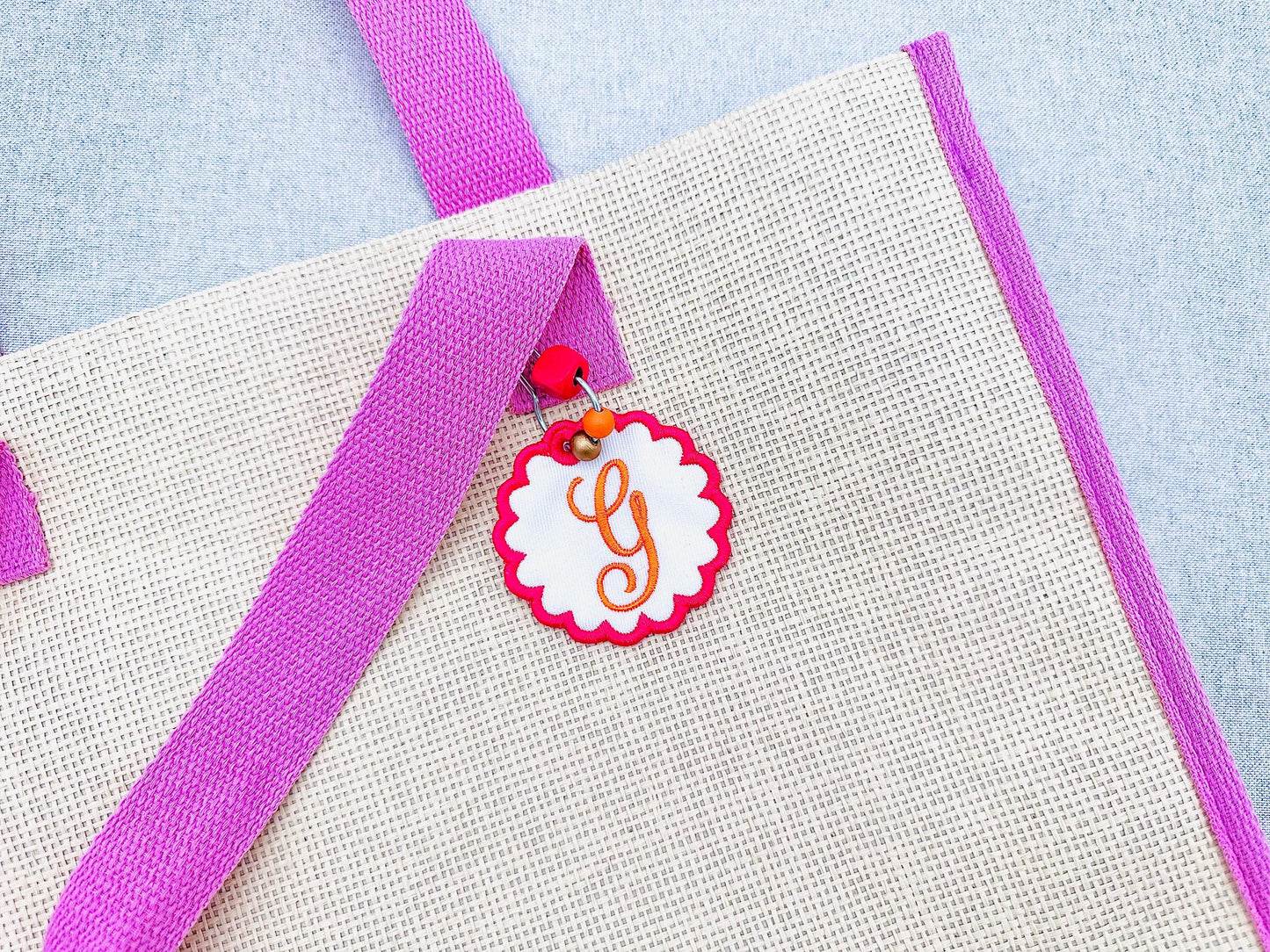 Girly Scalloped Circle Bag Tag Charm Monogram Font and Blank Tag in the hoop machine embroidery designs