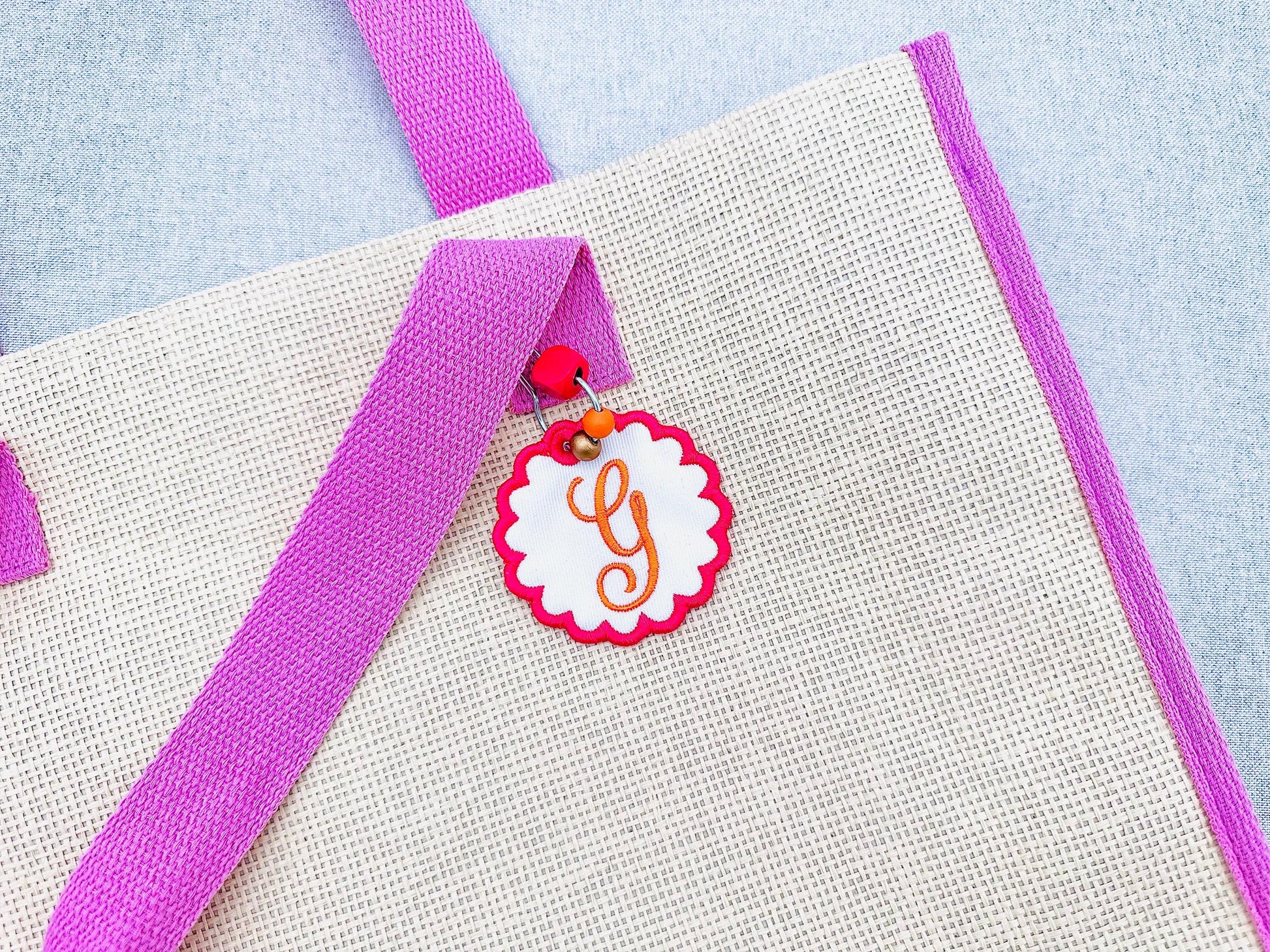 Girly Scalloped Circle Bag Tag Charm Monogram Font and Blank Tag in the hoop machine embroidery designs