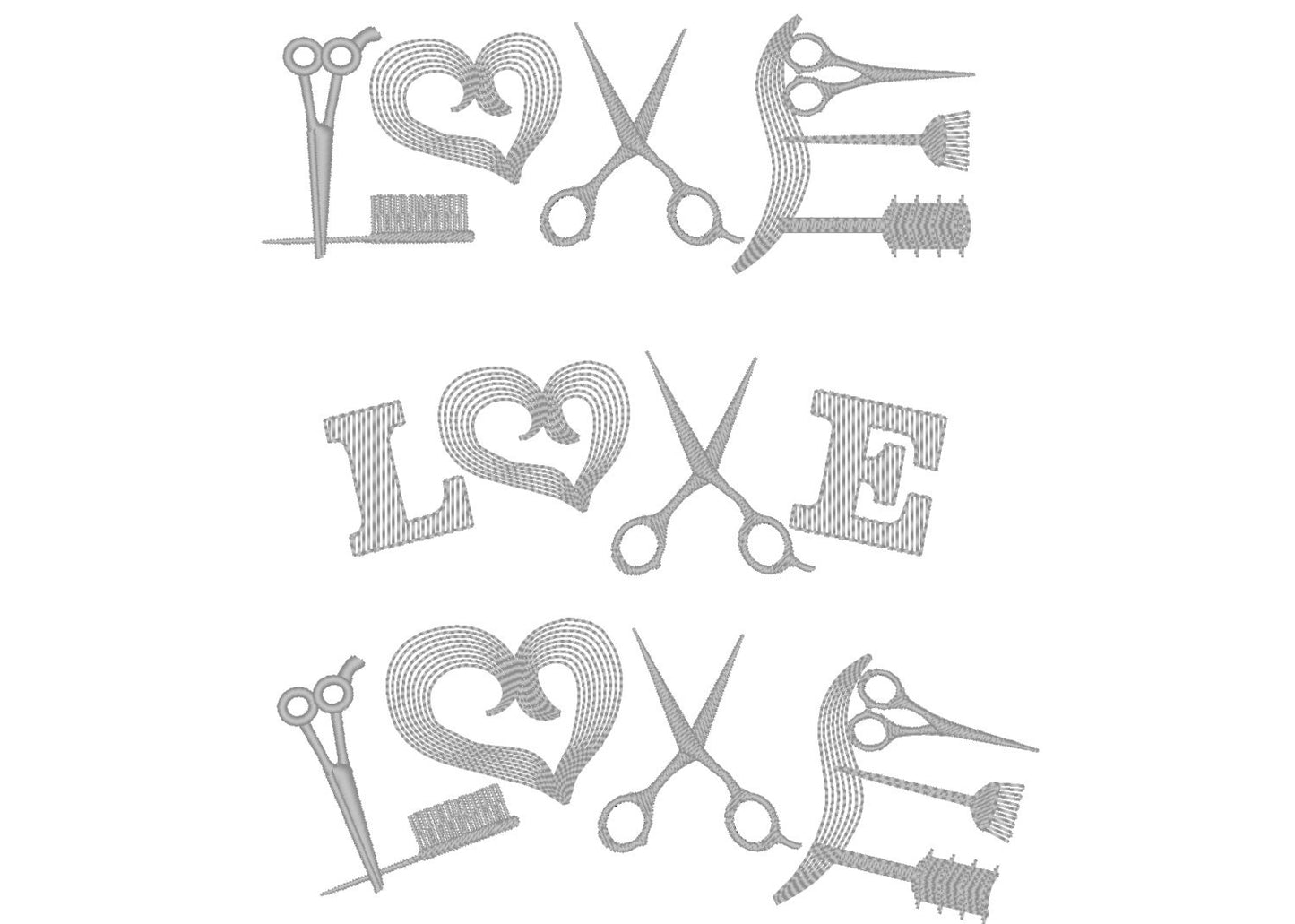 Hairdresser word LOVE Set of 3 individual designs Machine Embroidery 4" 5" 6" 7" | PES DST JEF | Artapli