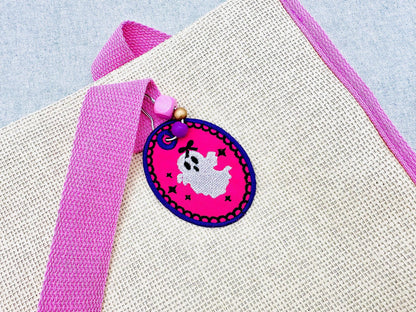 Pretty Ghost Baby Bag Tag Charm Halloween keychain eyelet simply in the hoop kids girls gift idea machine embroidery designs ITH