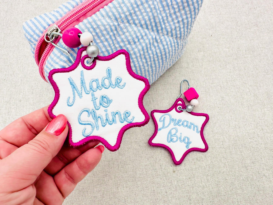 Pretty Star shape Baby Bag Tag Charm SET of 2 keychain eyelet in the hoop machine embroidery designs ITH