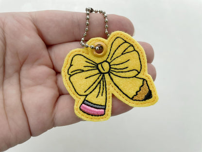 Teacher Pencil Mini Bow key fob snap tab and eyelet Back to School keychain ITH simply in the hoop machine embroidery designs