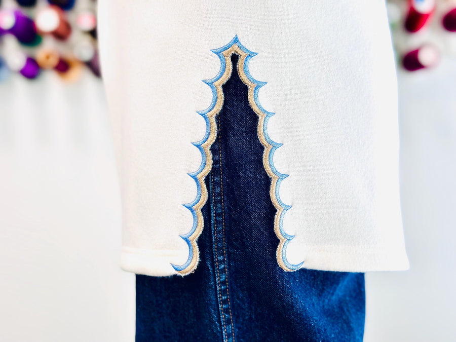 Delicate Split Side Seam Cutout 2 outlines Scalloped Edge machine embroidery designs girls kids outfit t-shirt sweatshirt