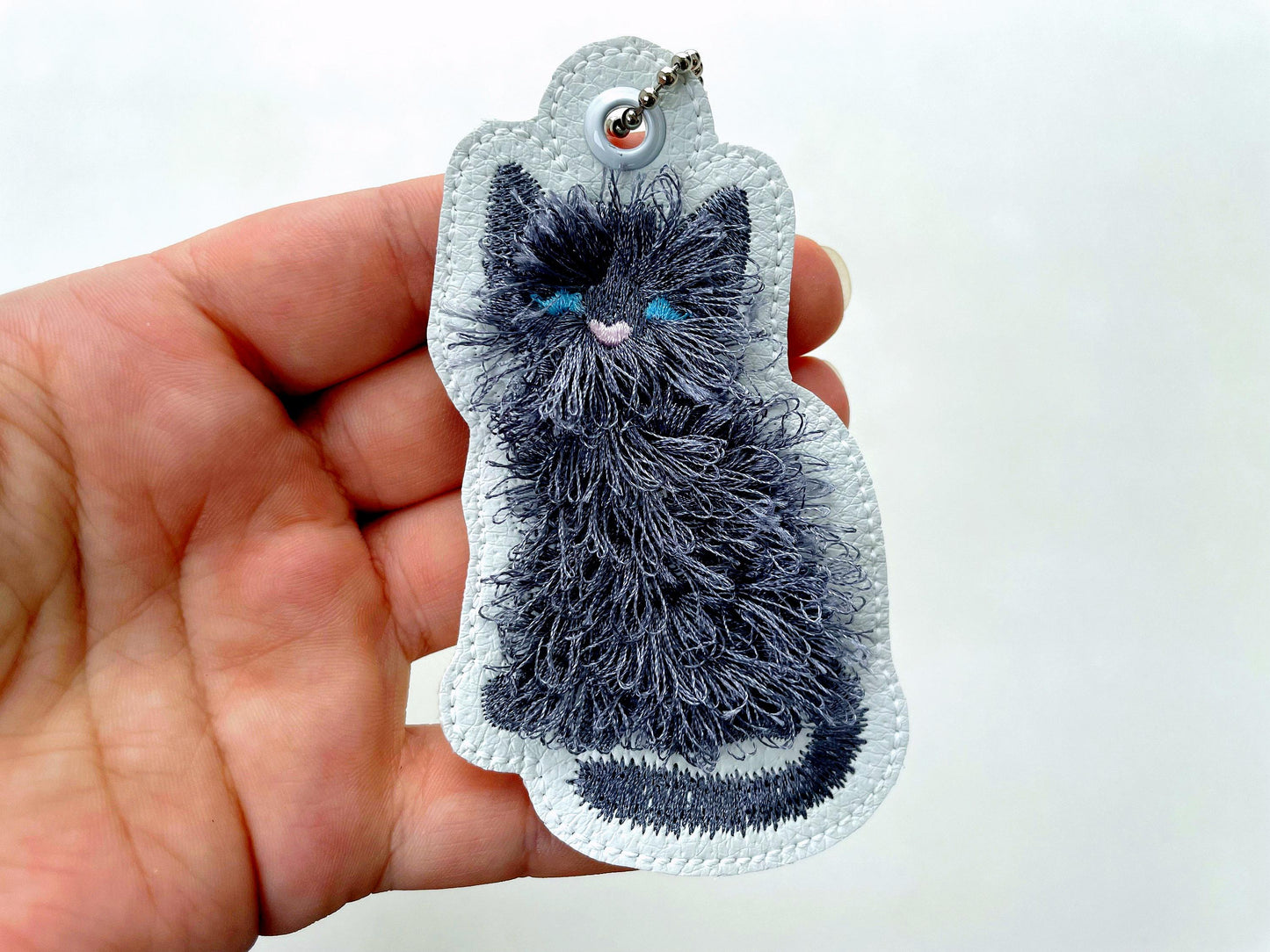 Fluffy Kitty Cat Kitten fringed Eyelet and Key Fob Snap Tab in the hoop machine embroidery designs ITH keychain bag tag