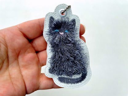 Fluffy Kitty Cat Kitten fringed Eyelet and Key Fob Snap Tab in the hoop machine embroidery designs ITH keychain bag tag