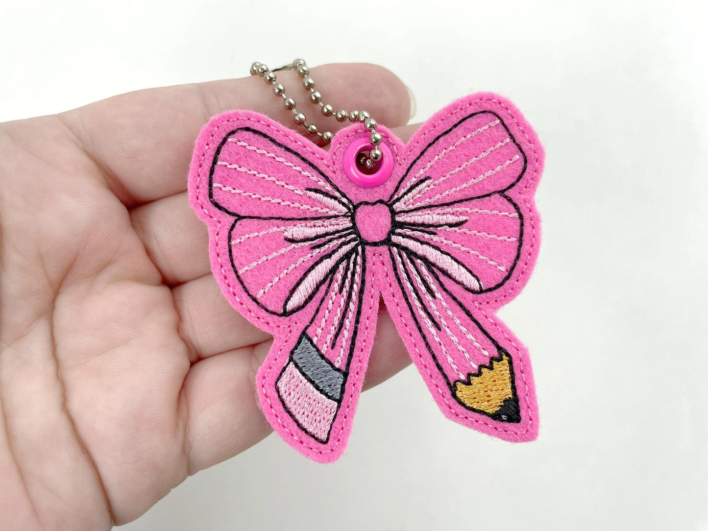 Teacher Pencil Bow key fob snap tab and eyelet Back to School keychain in the hoop machine embroidery designs ITH
