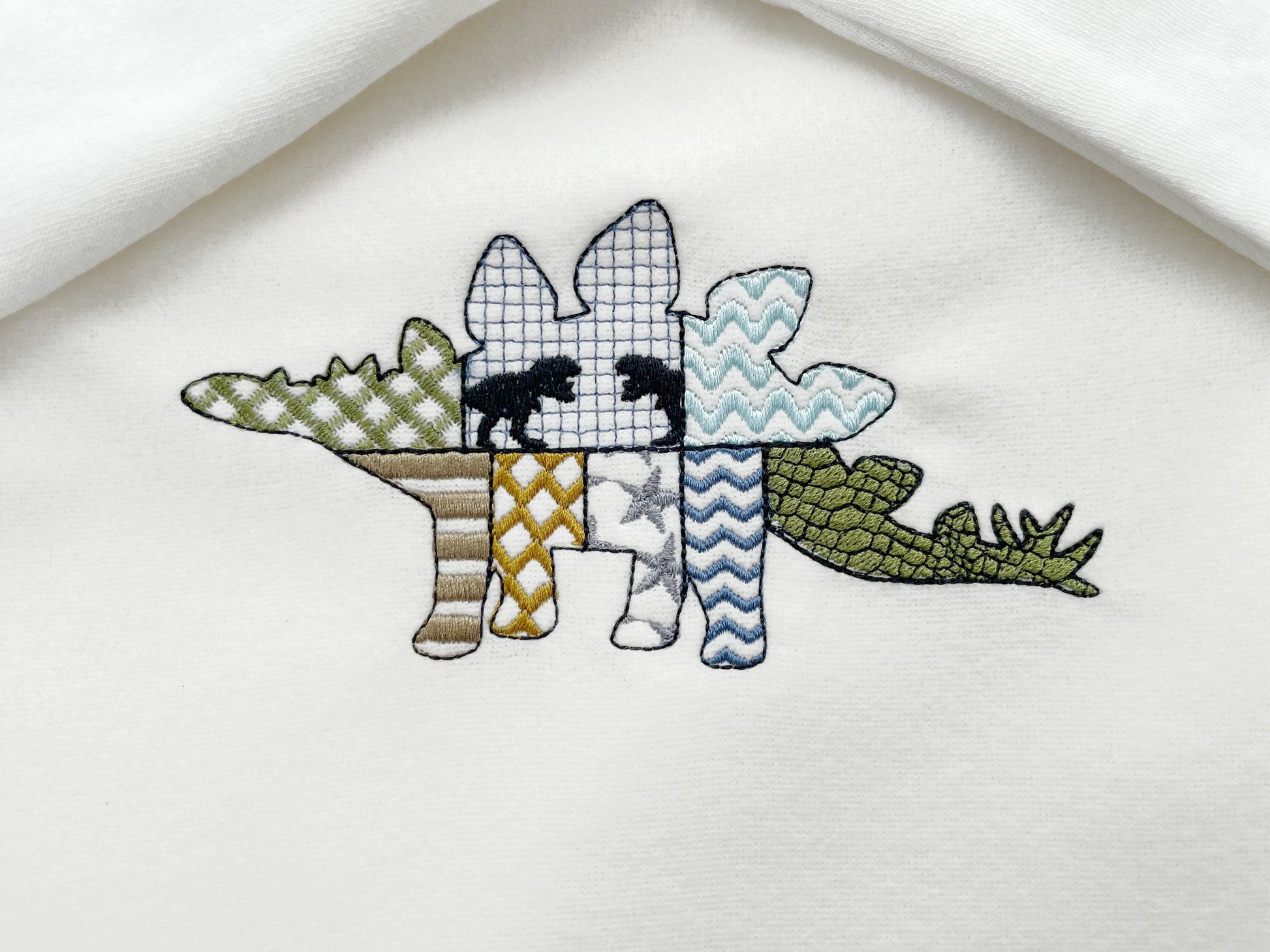 Patchwork Stegosaurus dinosaur Jurassic animal silhouette patterned outline kids boys machine embroidery designs