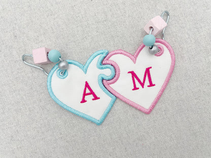 Split Heart Puzzle SET of Monogram and plain tag Bag Tag Charm keychain ITH girls friends gift idea machine embroidery designs in the hoop