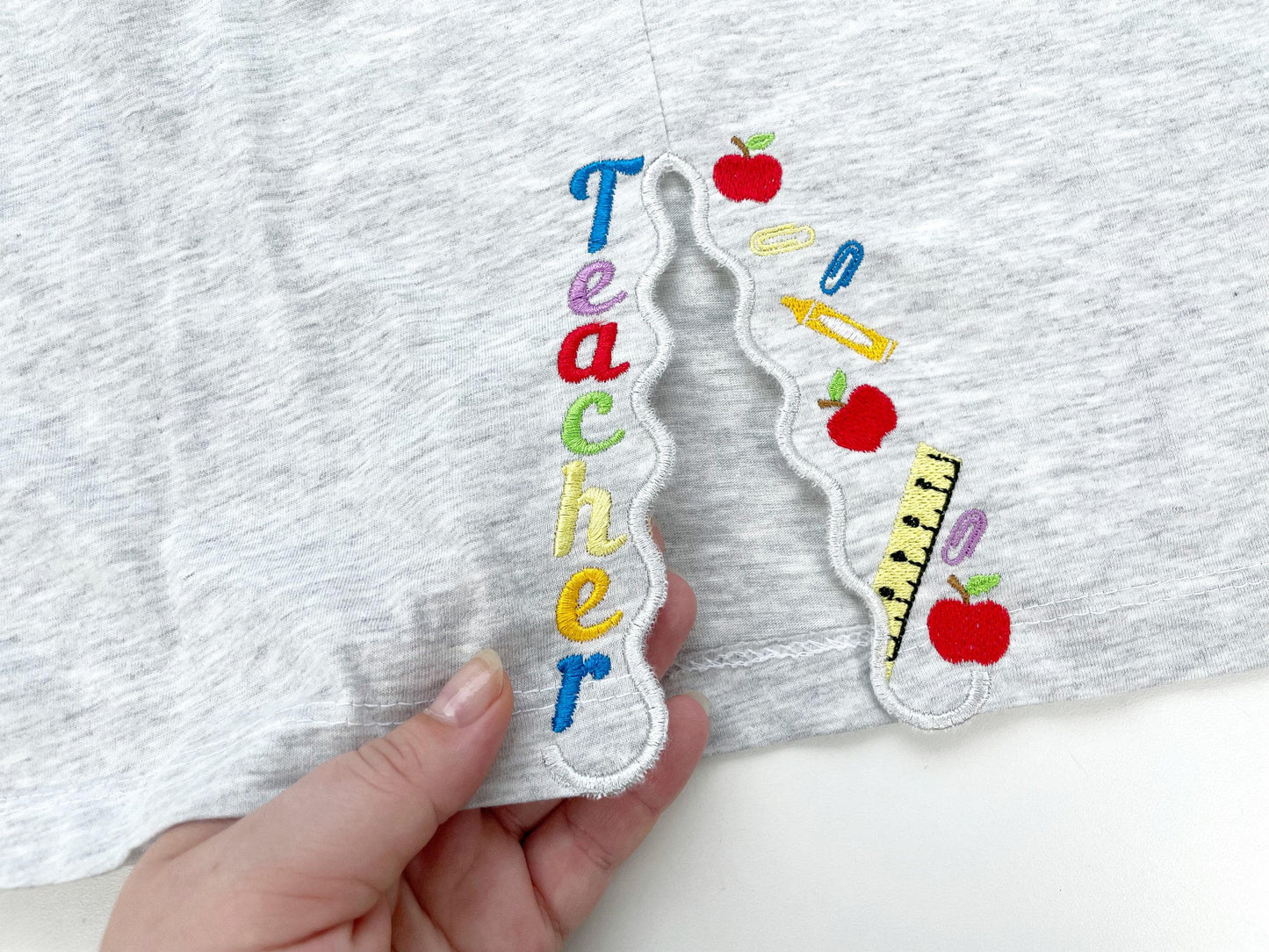 Teacher saying Back to School split side seam cutout side bow machine embroidery designs kids sweatshirt t-shirt outfit Ruler Apple Crayon