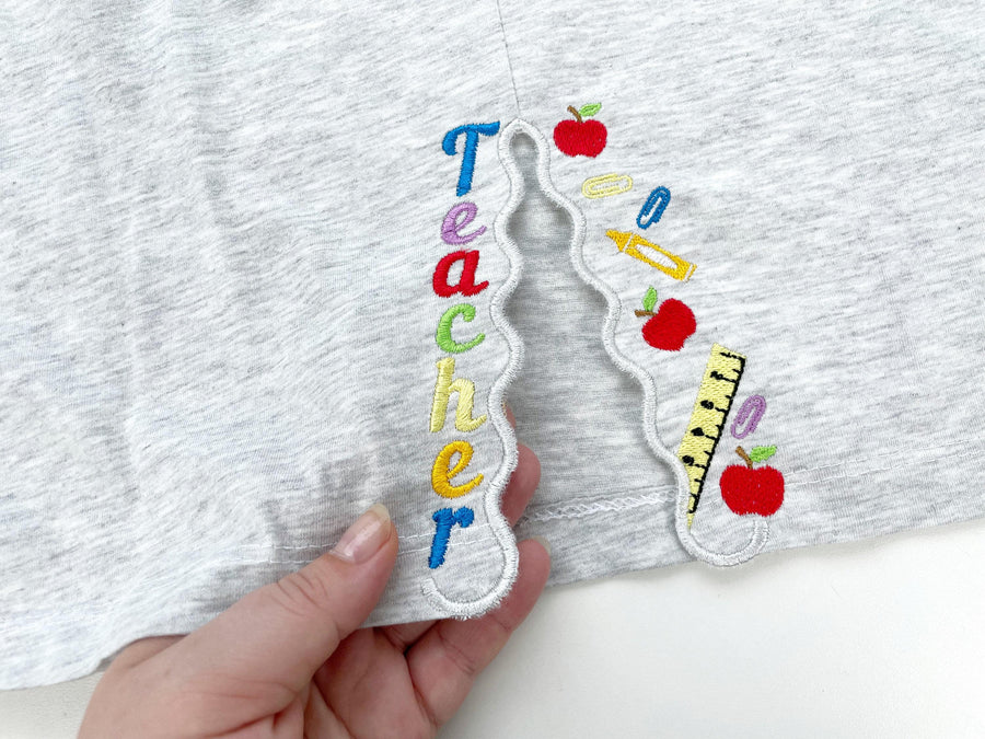 Teacher saying Back to School split side seam cutout side bow machine embroidery designs kids sweatshirt t-shirt outfit Ruler Apple Crayon