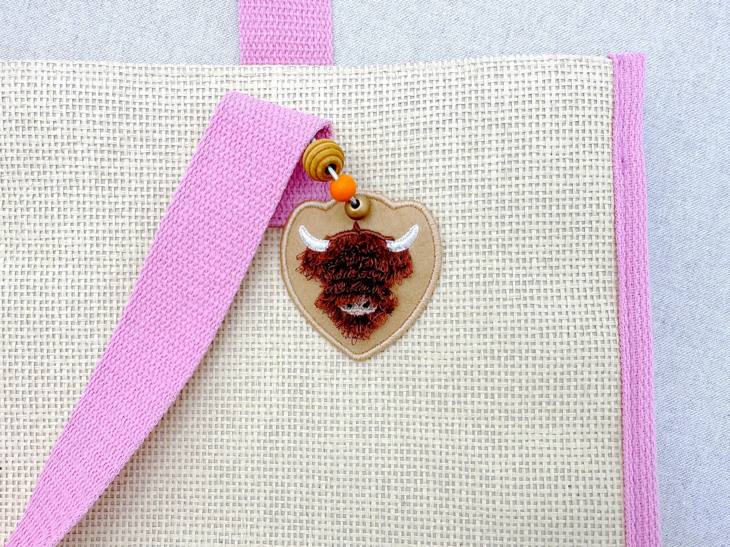 Fringed Fluffy Highland Cow Bag Tag Charm keychain eyelet in the hoop farm animal machine embroidery designs ITH