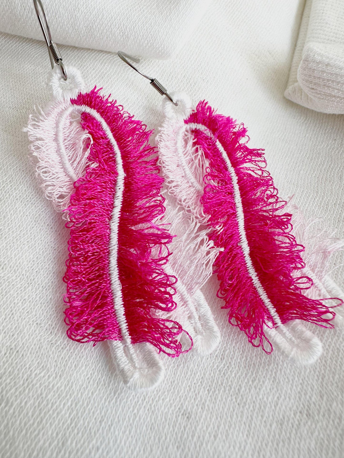 Fringed Pink Ribbon earrings FSL freestanding lace machine embroidery designs Cancer Ribbon meaningful charm pendant in the hoop
