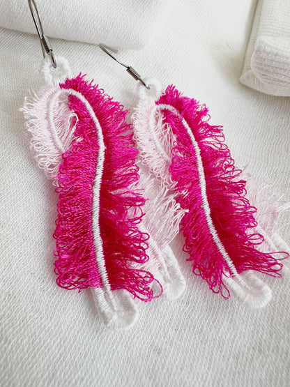 Fringed Pink Ribbon earrings FSL freestanding lace machine embroidery designs Cancer Ribbon meaningful charm pendant in the hoop