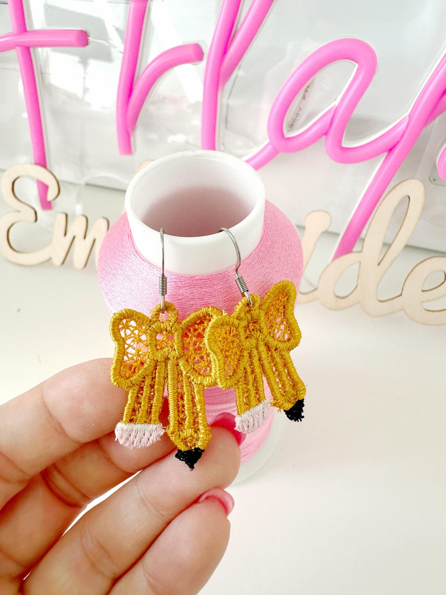 Pencil Bow Earrings Back to School Teacher kids girls charm pendant FSL freestanding lace machine embroidery designs