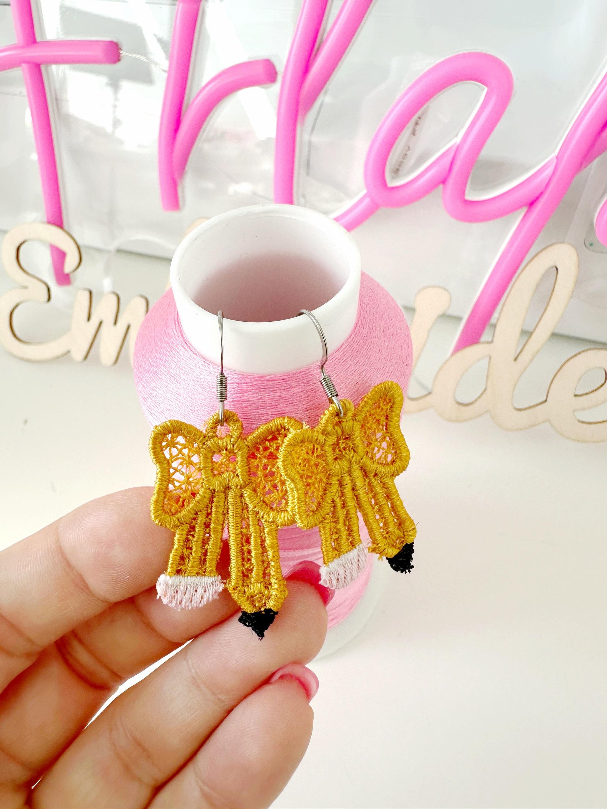 Pencil Bow Earrings Back to School Teacher kids girls charm pendant FSL freestanding lace machine embroidery designs