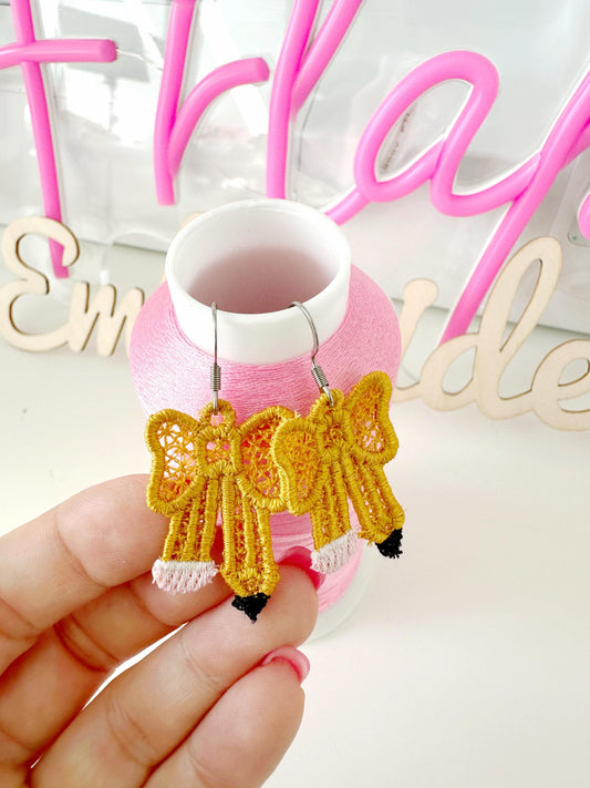 Pencil Bow Earrings Back to School Teacher kids girls charm pendant FSL freestanding lace machine embroidery designs