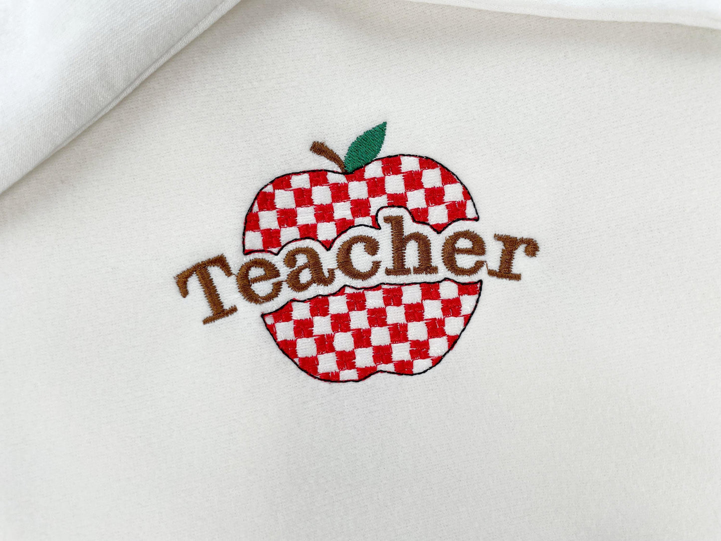 Apple for Teacher checkered patterned Apple design saying Teacher machine embroidery designs Back to School