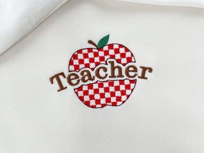 Apple for Teacher checkered patterned Apple design saying Teacher machine embroidery designs Back to School