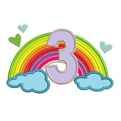 Cute Rainbow Birthday Number 3 three heart machine embroidery applique designs